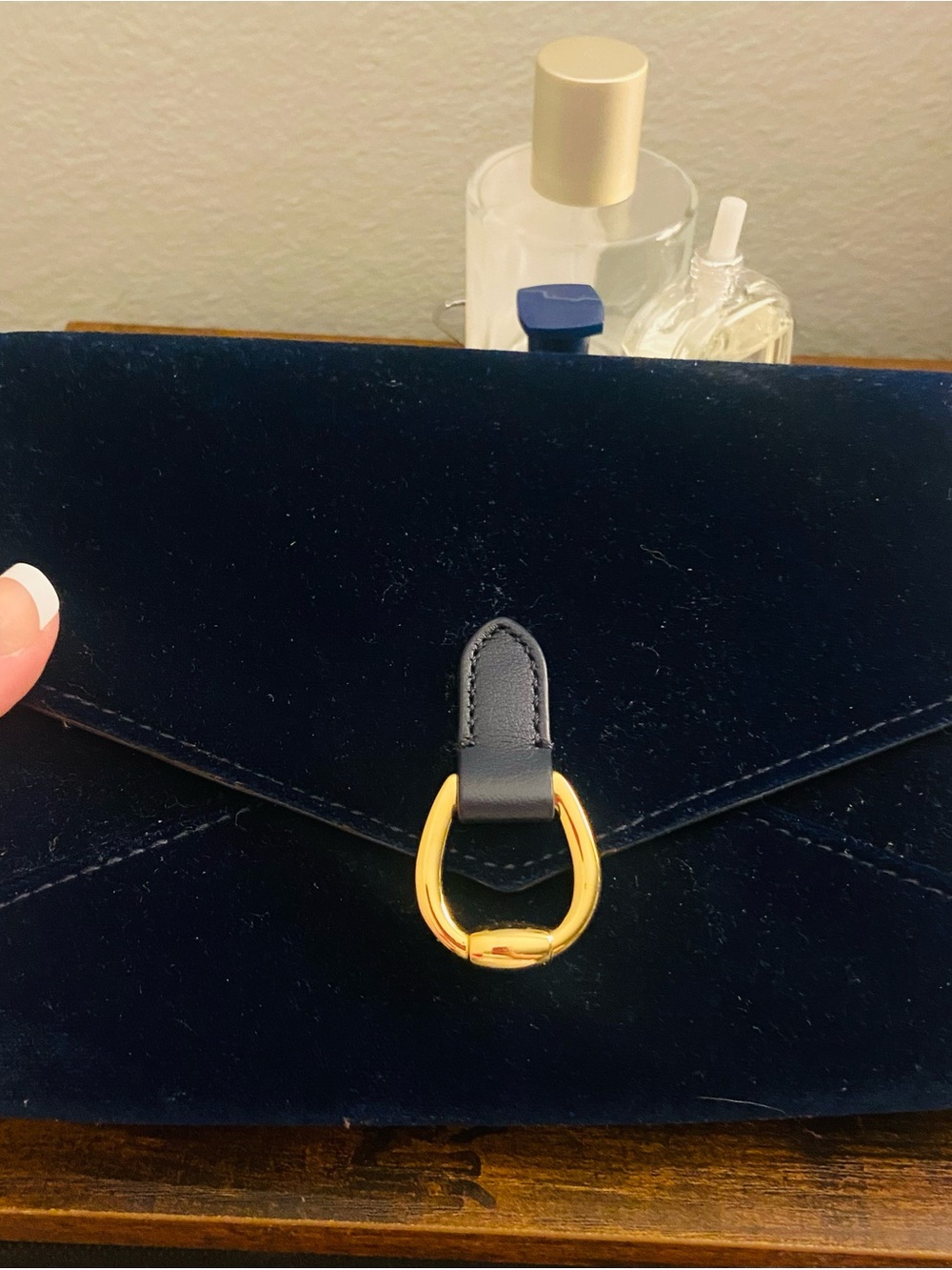 Ralph Lauren Navy Velvet Envelope Clutch with Gold Ring Detail